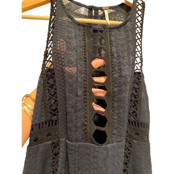 Free People Wherever You Go Mini Dress Size 4 Navy Blue Babydoll Lace Crochet - Picture 5 of 14
